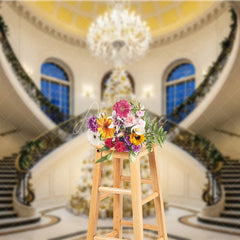 Aperturee - Aperturee Luxury Christmas Backdrop Grand Staircase White Tree Photography Background Mansion Interior Holiday Party Decoration
