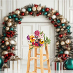 Aperturee - Aperturee Luxury Christmas Door Backdrop Red Green Gold Ornament Arch White Paneling Tree Photo Background