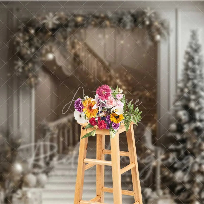 Aperturee - Aperturee Luxury Christmas Interior Backdrop Elegant Staircase Garland Lights Tall Pine Tree Room Photo Background
