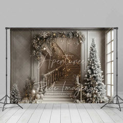 Aperturee - Aperturee Luxury Christmas Interior Backdrop Elegant Staircase Garland Lights Tall Pine Tree Room Photo Background