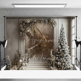 Aperturee - Aperturee Luxury Christmas Interior Backdrop Elegant Staircase Garland Lights Tall Pine Tree Room Photo Background