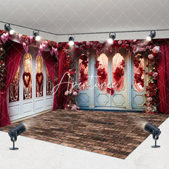 Aperturee - Aperturee Luxury Door Red Curtain Floral Room Set Backdrop