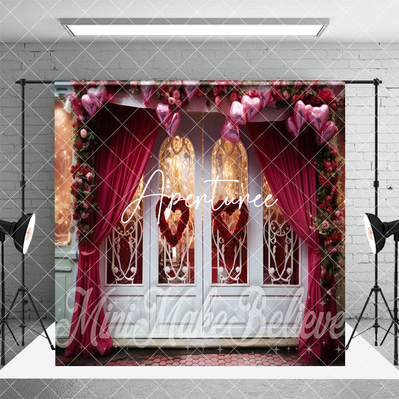 Aperturee - Aperturee Luxury Door Red Curtain Floral Room Set Backdrop