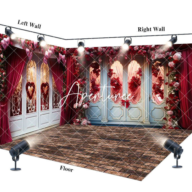Aperturee - Aperturee Luxury Door Red Curtain Floral Room Set Backdrop