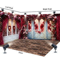 Aperturee - Aperturee Luxury Door Red Curtain Floral Room Set Backdrop