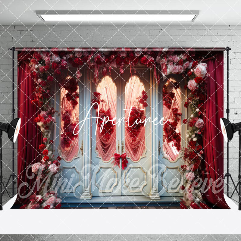 Aperturee - Aperturee Luxury Door Red Curtain Floral Room Set Backdrop