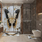 Lofaris Luxury Gold and Black Butterfly Shower Curtain Set 4 Piece 3D Floral Pearl Bathroom Decor with Rugs