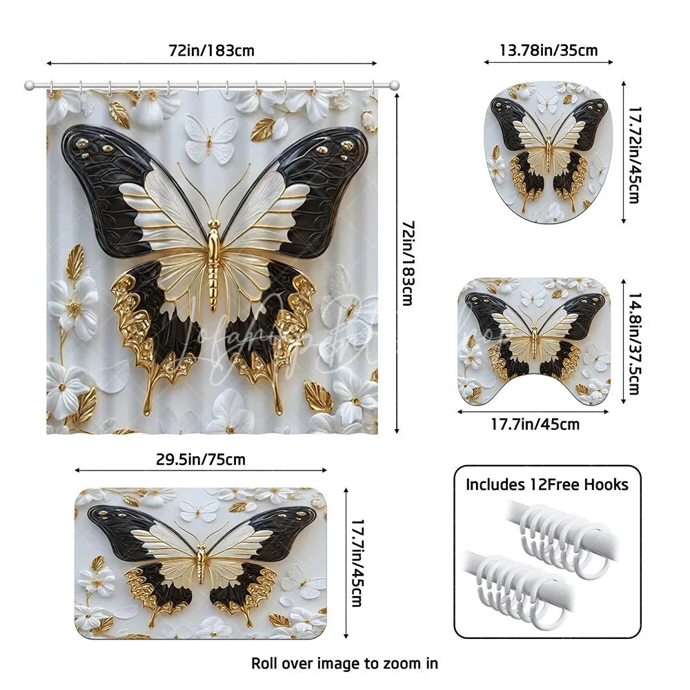 Lofaris Luxury Gold and Black Butterfly Shower Curtain Set 4 Piece 3D Floral Pearl Bathroom Decor with Rugs