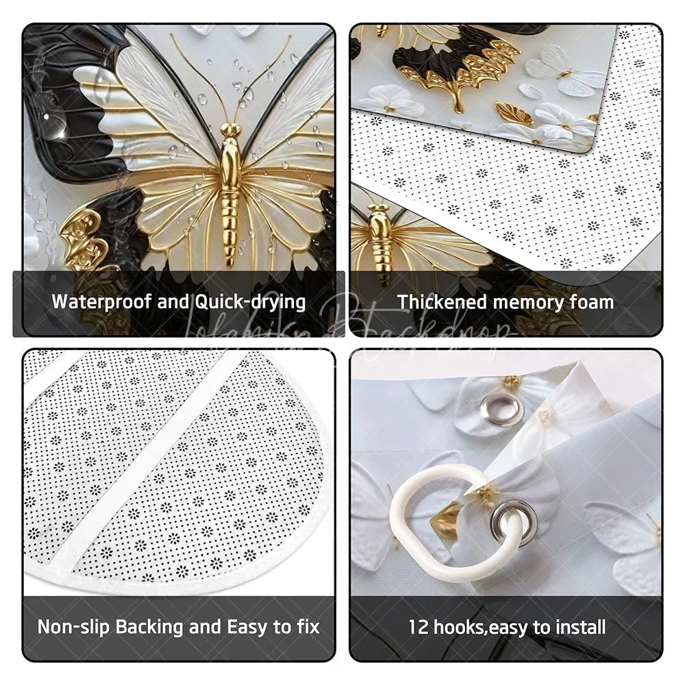 Lofaris Luxury Gold and Black Butterfly Shower Curtain Set 4 Piece 3D Floral Pearl Bathroom Decor with Rugs