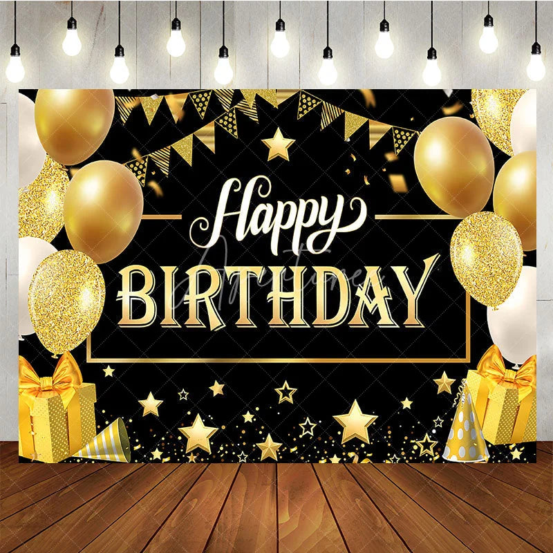 Aperturee - Aperturee Luxury Gold and Black Happy Birthday Backdrop Sparkling Balloons and Stars Party Banner