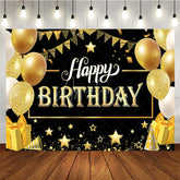Aperturee - Aperturee Luxury Gold and Black Happy Birthday Backdrop Sparkling Balloons and Stars Party Banner