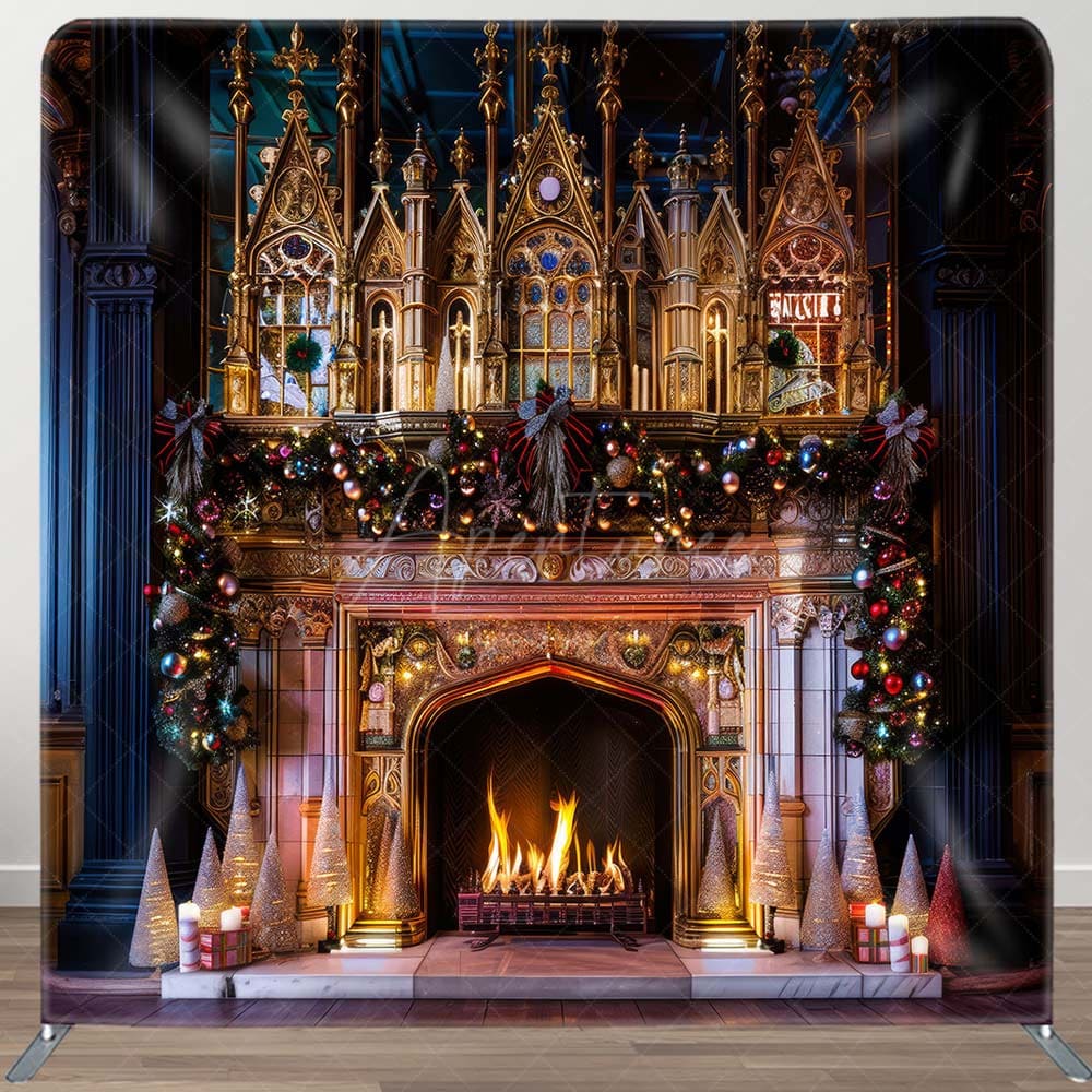 Aperturee - Aperturee Luxury Gold Palace Bell Fireplace Xmas Backdrop