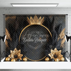 Aperturee - Aperturee Luxury Golden Crown and Black Feather Backdrop Elegant Gold Floral Theme for Birthday and Event Decor