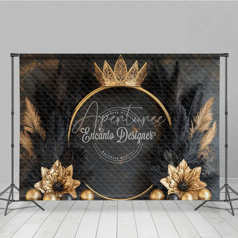 Aperturee - Aperturee Luxury Golden Crown and Black Feather Backdrop Elegant Gold Floral Theme for Birthday and Event Decor