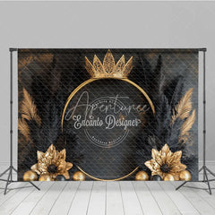 Aperturee - Aperturee Luxury Golden Crown and Black Feather Backdrop Elegant Gold Floral Theme for Birthday and Event Decor