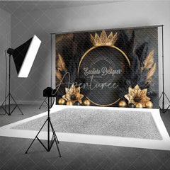 Aperturee - Aperturee Luxury Golden Crown and Black Feather Backdrop Elegant Gold Floral Theme for Birthday and Event Decor
