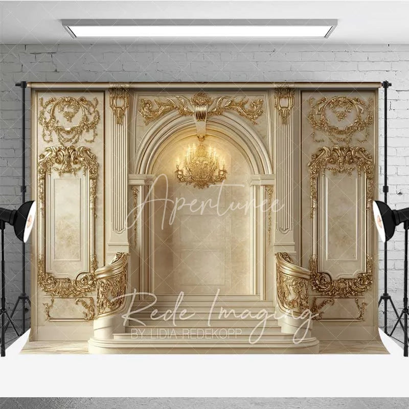 Aperturee - Aperturee Luxury Golden Palace Interior Photography Backdrop Ornate Archway Royal Wedding Background Elegant Architecture Photo