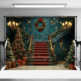 Aperturee - Aperturee Luxury Grand Staircase Christmas Backdrop Red Carpet Chandelier Background Elegant Mansion Winter Holiday Party