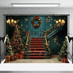 Aperturee - Aperturee Luxury Grand Staircase Christmas Backdrop Red Carpet Chandelier Background Elegant Mansion Winter Holiday Party