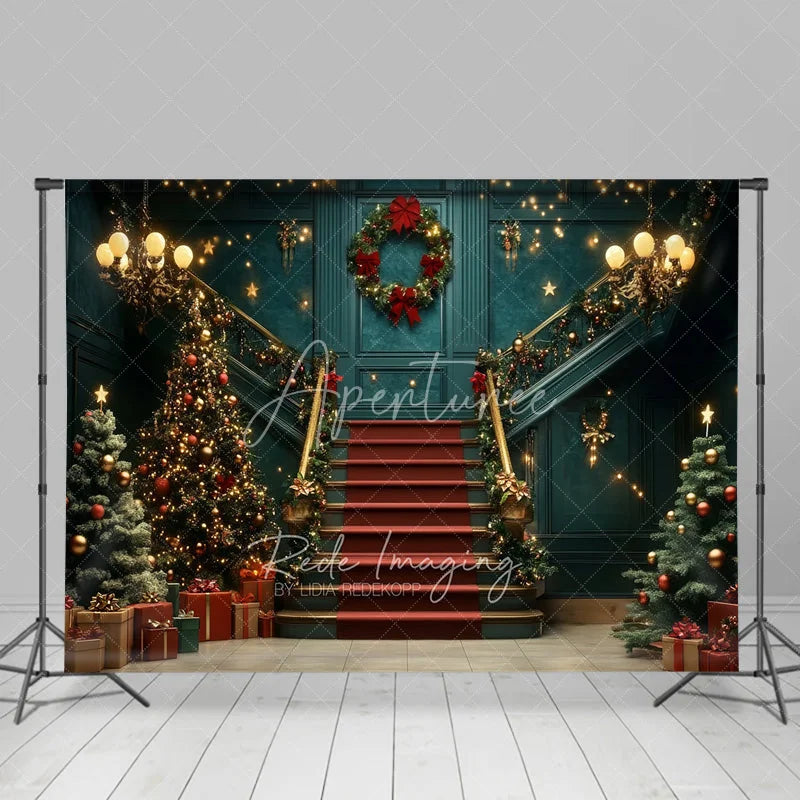 Aperturee - Aperturee Luxury Grand Staircase Christmas Backdrop Red Carpet Chandelier Background Elegant Mansion Winter Holiday Party
