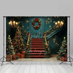 Aperturee - Aperturee Luxury Grand Staircase Christmas Backdrop Red Carpet Chandelier Background Elegant Mansion Winter Holiday Party