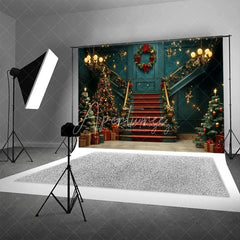 Aperturee - Aperturee Luxury Grand Staircase Christmas Backdrop Red Carpet Chandelier Background Elegant Mansion Winter Holiday Party