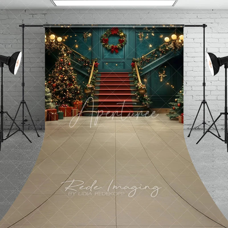 Aperturee - Aperturee Luxury Grand Staircase Christmas Sweep Backdrop Red Carpet Chandelier Background Elegant Mansion Winter Holiday Party