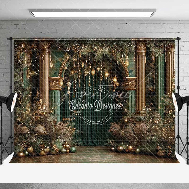 Aperturee - Aperturee Luxury Green and Gold Christmas Backdrop Palace Column Velvet Curtain Photography Background