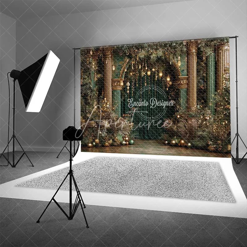 Aperturee - Aperturee Luxury Green and Gold Christmas Backdrop Palace Column Velvet Curtain Photography Background