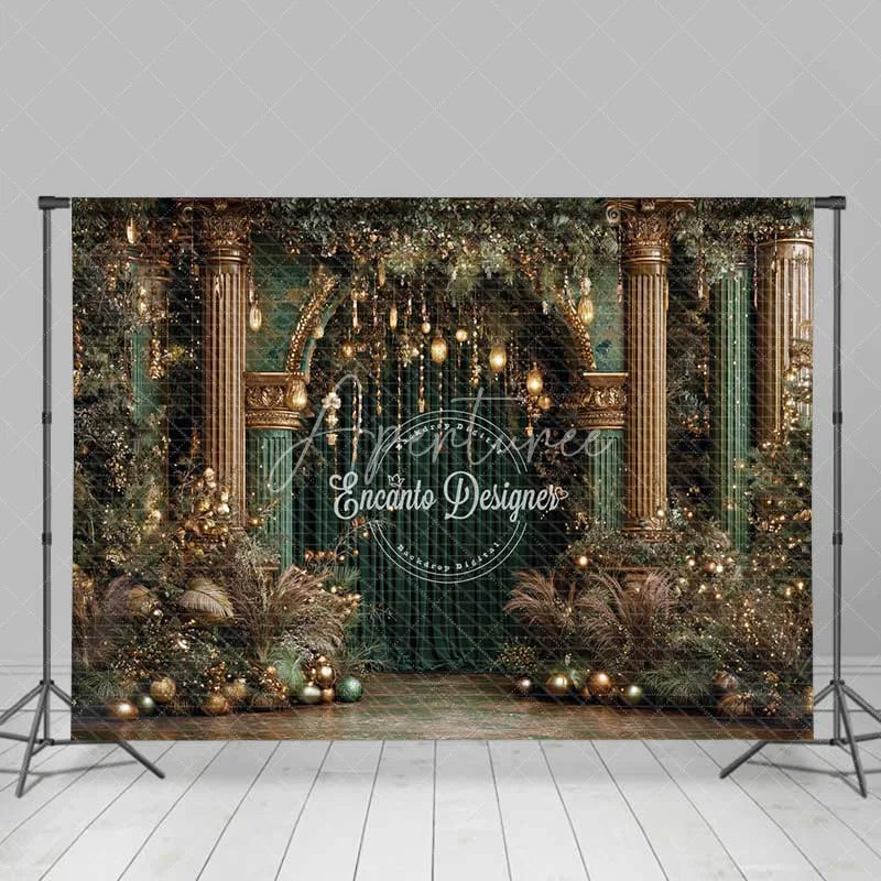 Aperturee - Aperturee Luxury Green and Gold Christmas Backdrop Palace Column Velvet Curtain Photography Background