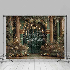 Aperturee - Aperturee Luxury Green and Gold Christmas Backdrop Palace Column Velvet Curtain Photography Background