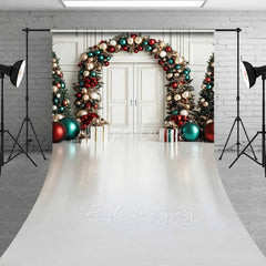 Aperturee - Aperturee Luxury Ornament Arch Sweep Backdrop White Door Teal Red Gold Balloon Garland Floor Photo Background