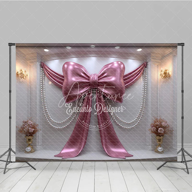 Aperturee - Aperturee Luxury Pink Metallic Bow and Pearl Drapes Photography Backdrop Elegant Wedding and Baby Shower Decor