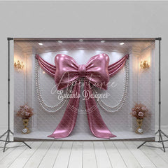 Aperturee - Aperturee Luxury Pink Metallic Bow and Pearl Drapes Photography Backdrop Elegant Wedding and Baby Shower Decor