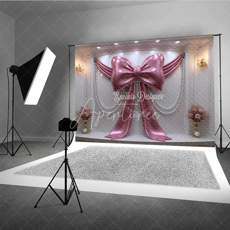 Aperturee - Aperturee Luxury Pink Metallic Bow and Pearl Drapes Photography Backdrop Elegant Wedding and Baby Shower Decor