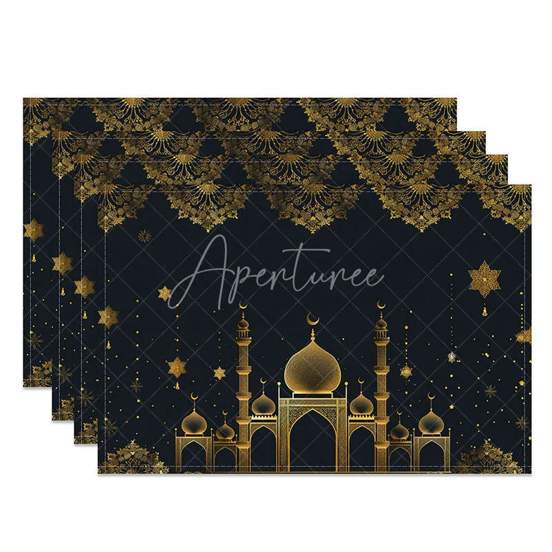 Aperturee - Aperturee Luxury Ramadan Mosque Set of 4 Placemats Golden Lace and Star Eid Mubarak Dining Mats for Islamic Celebration