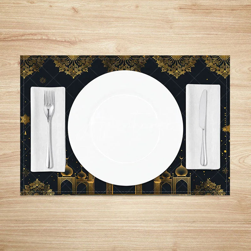 Aperturee - Aperturee Luxury Ramadan Mosque Set of 4 Placemats Golden Lace and Star Eid Mubarak Dining Mats for Islamic Celebration