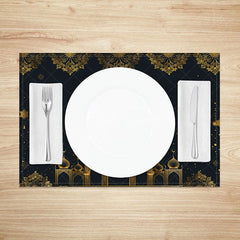 Aperturee - Aperturee Luxury Ramadan Mosque Set of 4 Placemats Golden Lace and Star Eid Mubarak Dining Mats for Islamic Celebration