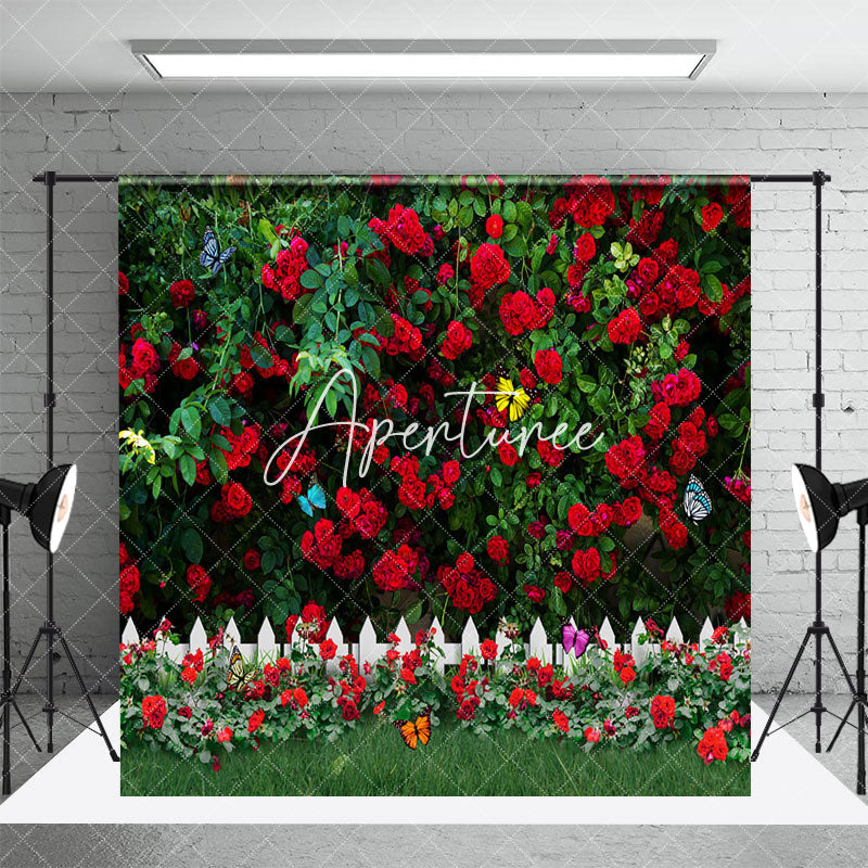 Aperturee - Aperturee Luxury Red Rose Garden Gate Fence Room Set Backdrop