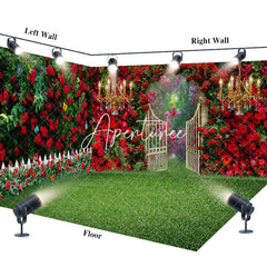 Aperturee - Aperturee Luxury Red Rose Garden Gate Fence Room Set Backdrop