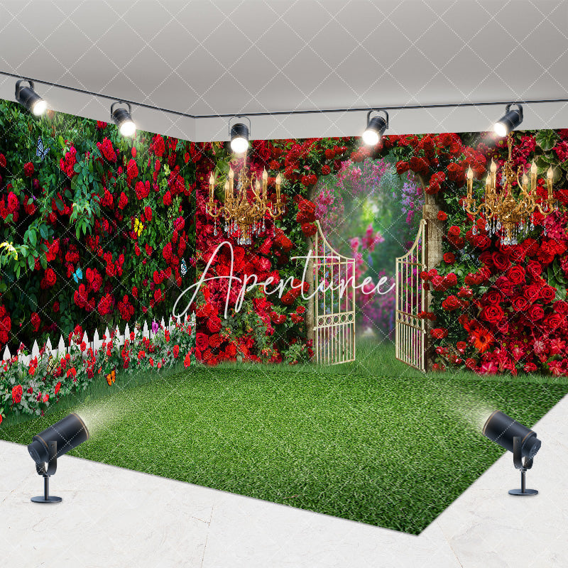 Aperturee - Aperturee Luxury Red Rose Garden Gate Fence Room Set Backdrop
