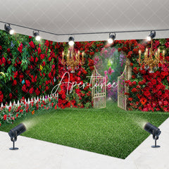 Aperturee - Aperturee Luxury Red Rose Garden Gate Fence Room Set Backdrop