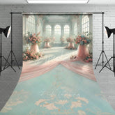 Aperturee - Aperturee Luxury Sunroom Floral Backdrop Pink Rose Pillar and Draped Silk Decor Elegant Wedding Reception Background