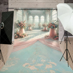 Aperturee - Aperturee Luxury Sunroom Floral Backdrop Pink Rose Pillar and Draped Silk Decor Elegant Wedding Reception Background