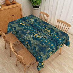 Aperturee - Aperturee Luxury Teal and Gold Ramadan Rectangle Tablecloth Ornate Islamic Mosque Architecture Table Cover
