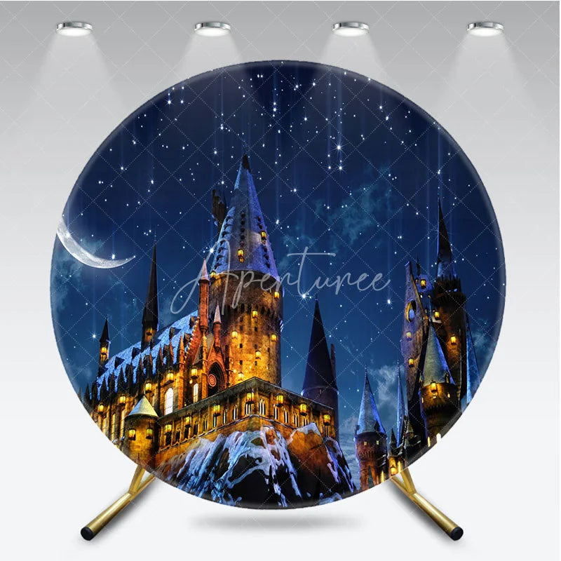 Aperturee - Aperturee Magic Castle Round Backdrop Wizard School Starry Night Photography Background