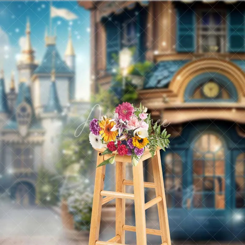 Aperturee - Aperturee Magic Castle Town Backdrop Vintage Street Shop Facade Photography Background Fairytale Kingdom Photo Booth Prop