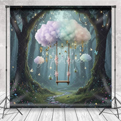 Aperturee - Aperturee Magic Forest Swing Backdrop Pastel Cloud Fairy Tale Photography Background Enchanted Wonderland Birthday Party