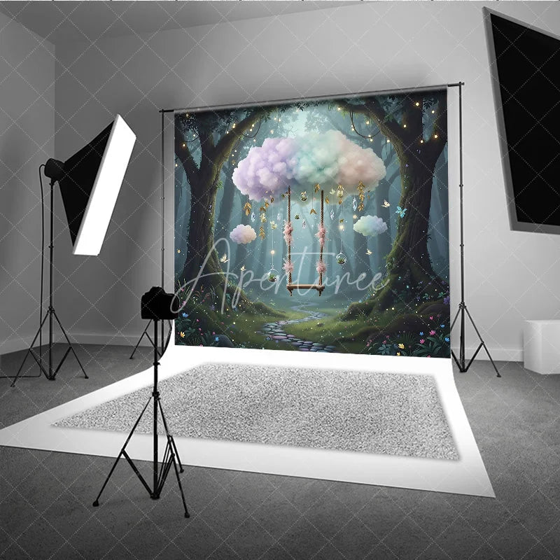 Aperturee - Aperturee Magic Forest Swing Backdrop Pastel Cloud Fairy Tale Photography Background Enchanted Wonderland Birthday Party