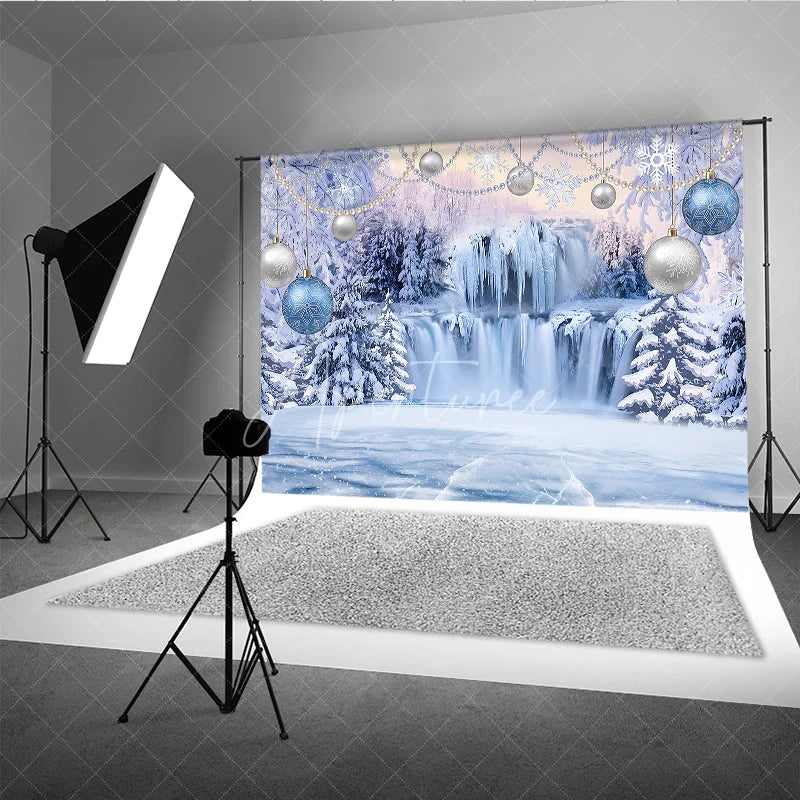 Aperturee - Aperturee Magical Blue and Silver Winter Wonderland Holiday Backdrop Featuring Frozen Waterfall and Snow Covered Trees